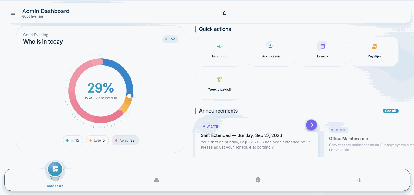 Emmas HRM dashboard with attendance overview and quick actions